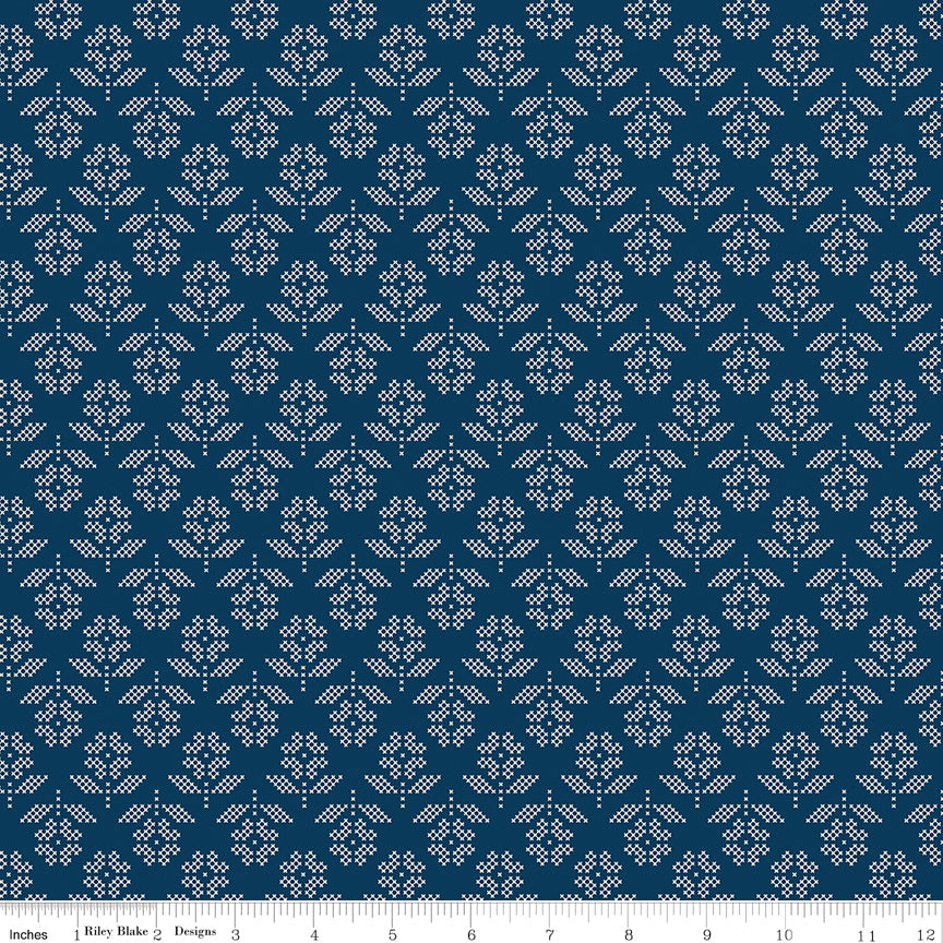 PREORDER Oxford Blue Flowers - Denim and Daisy by Lori Holt - C18131 Oxford Blue
