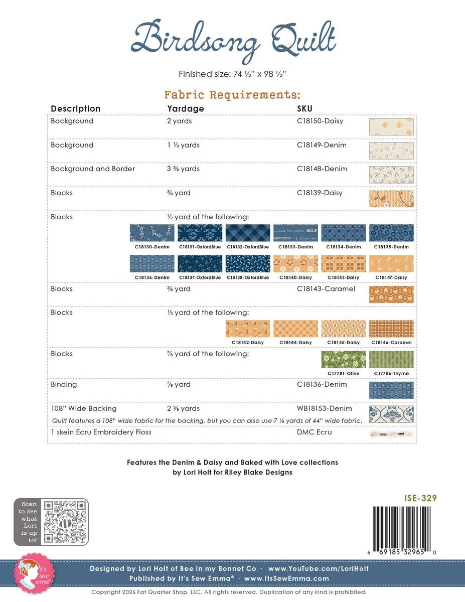 PREORDER Birdsong Quilt Pattern - Denim & Daisy by Lori Holt - ISE-329